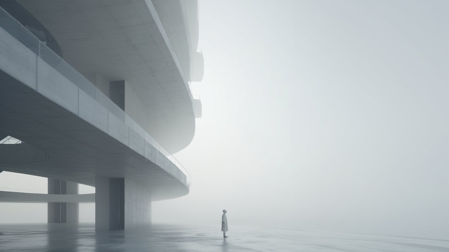 Minimalist brutalist architecture with curved concrete forms