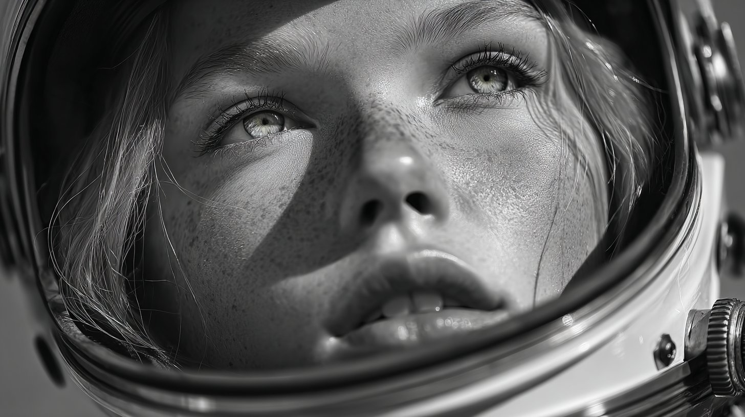 Close-up portrait of woman astronaut with open eyes