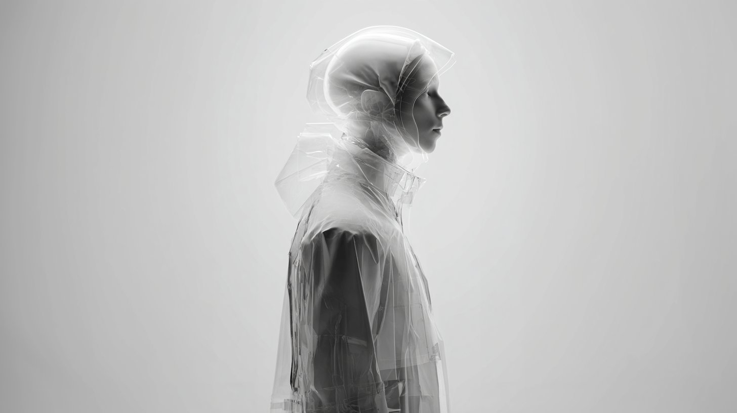 Futuristic astronaut figure in ethereal white atmosphere