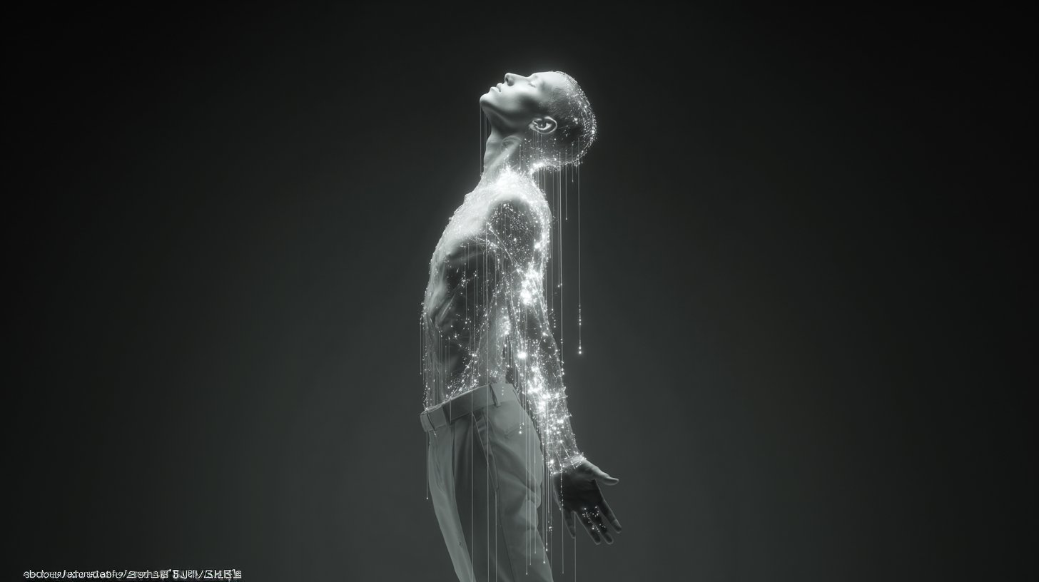 Golden illuminated figure looking upward with light particles